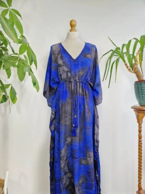New Silk Blend Kaftan Luxury Lounge House Robe | Beach Wear | Nightie | Nightwear | Ombre Ocean Blue Digital Print Flowy Gown | Hen's Party - Image 4