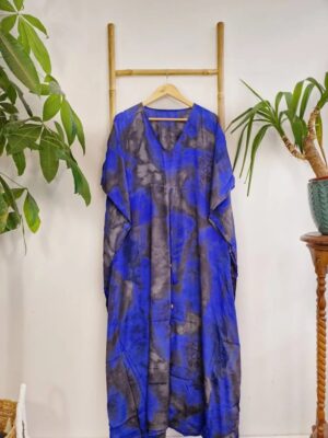 New Silk Blend Kaftan Luxury Lounge House Robe | Beach Wear | Nightie | Nightwear | Ombre Ocean Blue Digital Print Flowy Gown | Hen's Party - Image 8