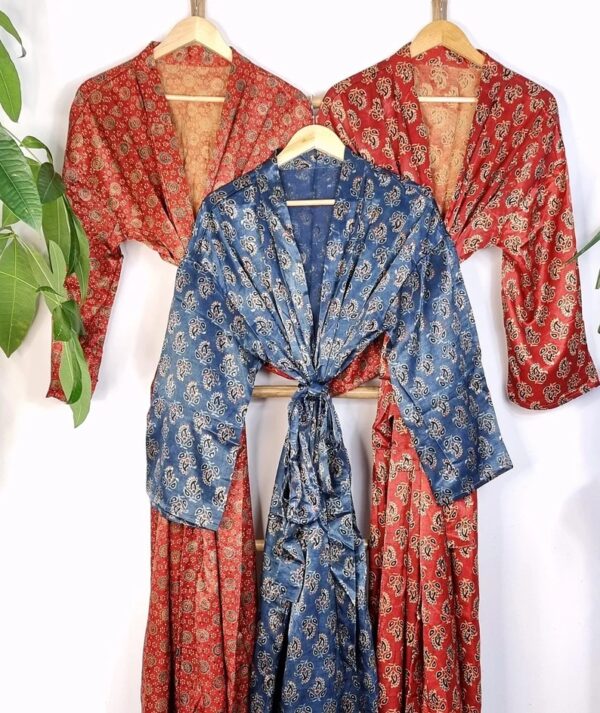 Mashru Silk Kimono Ajrakh Handprinted Luxury Lounge | Indigo Blue Black Mughal Paisley Persian Motif | Autumn Winter Sultry Decadence |