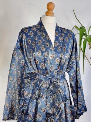 Mashru Silk Kimono Ajrakh Handprinted Luxury Lounge | Indigo Blue Black Mughal Paisley Persian Motif | Autumn Winter Sultry Decadence | - Image 2