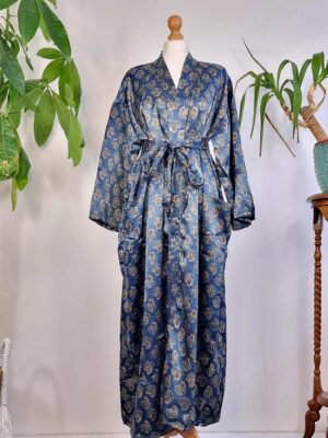 Mashru Silk Kimono Ajrakh Handprinted Luxury Lounge | Indigo Blue Black Mughal Paisley Persian Motif | Autumn Winter Sultry Decadence | - Image 3