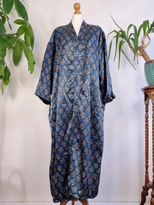 Mashru Silk Kimono Ajrakh Handprinted Luxury Lounge | Indigo Blue Black Mughal Paisley Persian Motif | Autumn Winter Sultry Decadence | - Image 4