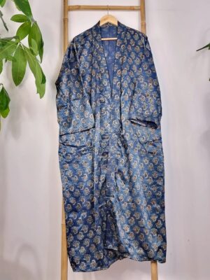 Mashru Silk Kimono Ajrakh Handprinted Luxury Lounge | Indigo Blue Black Mughal Paisley Persian Motif | Autumn Winter Sultry Decadence | - Image 5