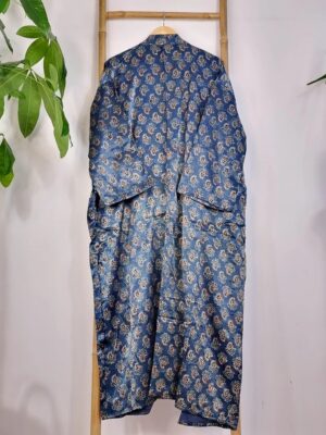 Mashru Silk Kimono Ajrakh Handprinted Luxury Lounge | Indigo Blue Black Mughal Paisley Persian Motif | Autumn Winter Sultry Decadence | - Image 6