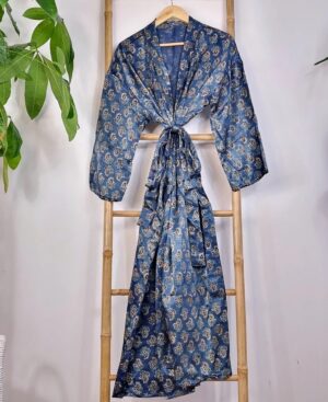 Mashru Silk Kimono Ajrakh Handprinted Luxury Lounge | Indigo Blue Black Mughal Paisley Persian Motif | Autumn Winter Sultry Decadence | - Image 7