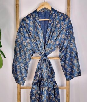 Mashru Silk Kimono Ajrakh Handprinted Luxury Lounge | Indigo Blue Black Mughal Paisley Persian Motif | Autumn Winter Sultry Decadence | - Image 8