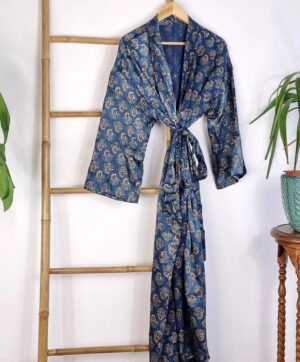 Mashru Silk Kimono Ajrakh Handprinted Luxury Lounge | Indigo Blue Black Mughal Paisley Persian Motif | Autumn Winter Sultry Decadence | - Image 9