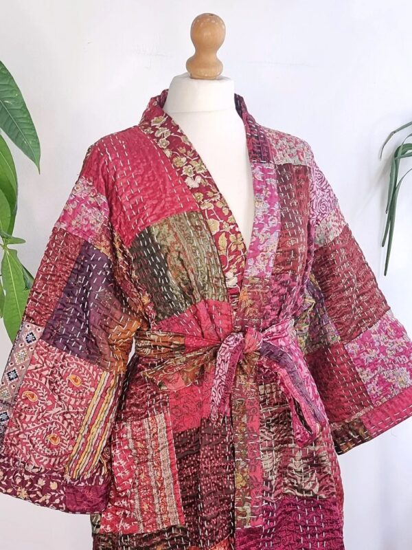 Silk Kantha Cotton Knee Length Patchwork Reversible Kimono Jacket Unisex Robe Handmade Sustainable Eco-fashion Boho Gift Regal | Ruby Maroon
