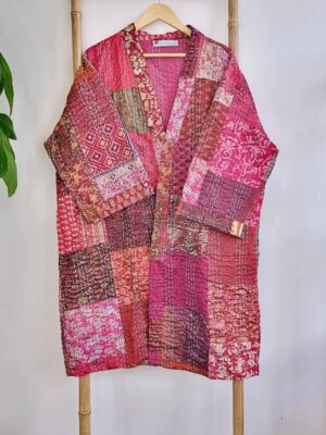 Silk Kantha Cotton Knee Length Patchwork Reversible Kimono Jacket Unisex Robe Handmade Sustainable Eco-fashion Boho Gift Regal | Ruby Maroon - Image 2