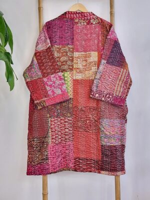 Silk Kantha Cotton Knee Length Patchwork Reversible Kimono Jacket Unisex Robe Handmade Sustainable Eco-fashion Boho Gift Regal | Ruby Maroon - Image 3