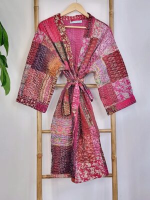 Silk Kantha Cotton Knee Length Patchwork Reversible Kimono Jacket Unisex Robe Handmade Sustainable Eco-fashion Boho Gift Regal | Ruby Maroon - Image 4