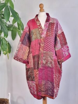 Silk Kantha Cotton Knee Length Patchwork Reversible Kimono Jacket Unisex Robe Handmade Sustainable Eco-fashion Boho Gift Regal | Ruby Maroon - Image 5