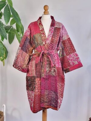 Silk Kantha Cotton Knee Length Patchwork Reversible Kimono Jacket Unisex Robe Handmade Sustainable Eco-fashion Boho Gift Regal | Ruby Maroon - Image 6