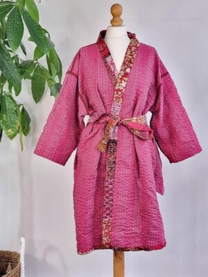 Silk Kantha Cotton Knee Length Patchwork Reversible Kimono Jacket Unisex Robe Handmade Sustainable Eco-fashion Boho Gift Regal | Ruby Maroon - Image 7