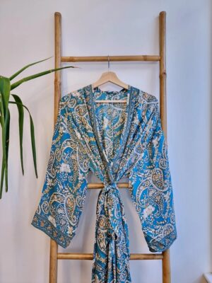 Couple Set Silk Boho Kimonos Man Woman House Beach Artist Robe His and Hers/ His and His Blue Mustard White Romance Paisley | Wedding Gift - Image 2