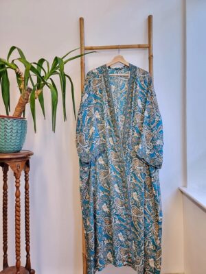 Couple Set Silk Boho Kimonos Man Woman House Beach Artist Robe His and Hers/ His and His Blue Mustard White Romance Paisley | Wedding Gift - Image 3