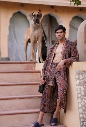 Men's Silk Boho Kimonos Man House Beach Artist Robe- Digital Midnight Wanderer - Image 2