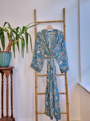 Couple Set Silk Boho Kimonos Man Woman House Beach Artist Robe His and Hers/ His and His Blue Mustard White Romance Paisley | Wedding Gift - Image 4