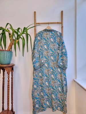 Couple Set Silk Boho Kimonos Man Woman House Beach Artist Robe His and Hers/ His and His Blue Mustard White Romance Paisley | Wedding Gift - Image 5
