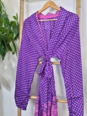Men's Silk Recycled Sari Boho Kimonos Regal Lounge Robe |Urban Man Graduation Cool Dad Father Festival | Quirky Purple Pink Mini Motif - Image 2