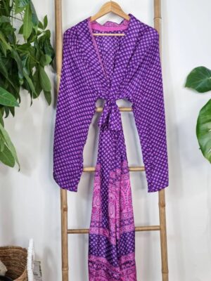 Men's Silk Recycled Sari Boho Kimonos Regal Lounge Robe |Urban Man Graduation Cool Dad Father Festival | Quirky Purple Pink Mini Motif - Image 3