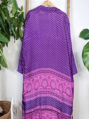 Men's Silk Recycled Sari Boho Kimonos Regal Lounge Robe |Urban Man Graduation Cool Dad Father Festival | Quirky Purple Pink Mini Motif - Image 4