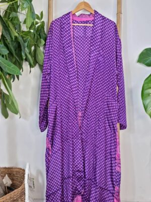 Men's Silk Recycled Sari Boho Kimonos Regal Lounge Robe |Urban Man Graduation Cool Dad Father Festival | Quirky Purple Pink Mini Motif - Image 5
