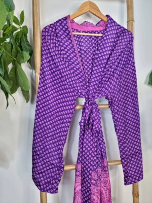 Men's Silk Recycled Sari Boho Kimonos Regal Lounge Robe |Urban Man Graduation Cool Dad Father Festival | Quirky Purple Pink Mini Motif - Image 6