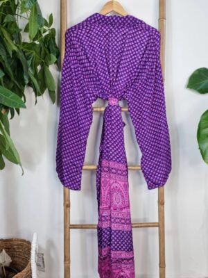 Men's Silk Recycled Sari Boho Kimonos Regal Lounge Robe |Urban Man Graduation Cool Dad Father Festival | Quirky Purple Pink Mini Motif - Image 7