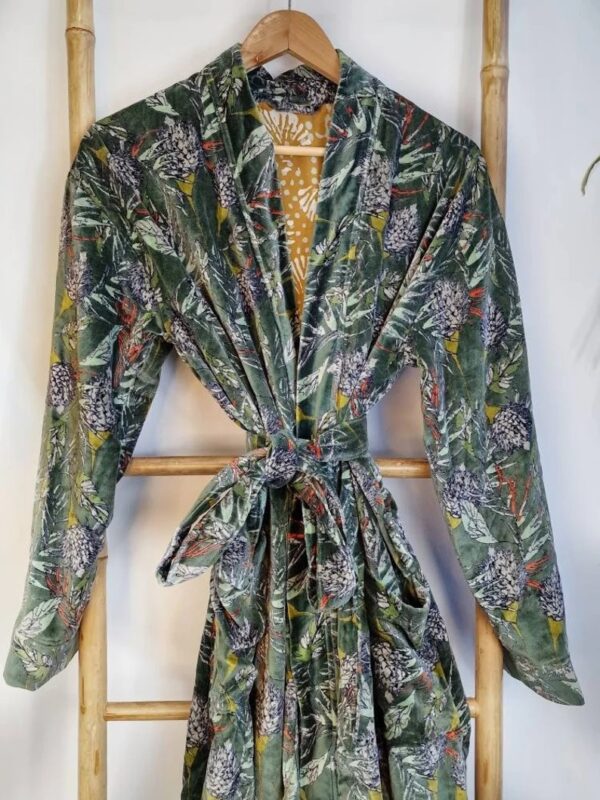 Luxury Velvet House Knee Short Robe Unisex Kimono Boho Jacket Reversible Indian Art Silk Quirky Winter Christmas | Moss Green Forest Leaves