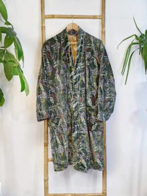Luxury Velvet House Knee Short Robe Unisex Kimono Boho Jacket Reversible Indian Art Silk Quirky Winter Christmas | Moss Green Forest Leaves - Image 2