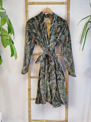 Luxury Velvet House Knee Short Robe Unisex Kimono Boho Jacket Reversible Indian Art Silk Quirky Winter Christmas | Moss Green Forest Leaves - Image 3
