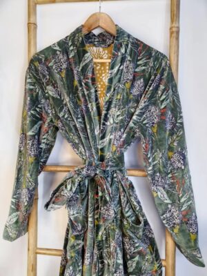 Luxury Velvet House Knee Short Robe Unisex Kimono Boho Jacket Reversible Indian Art Silk Quirky Winter Christmas | Moss Green Forest Leaves - Image 5