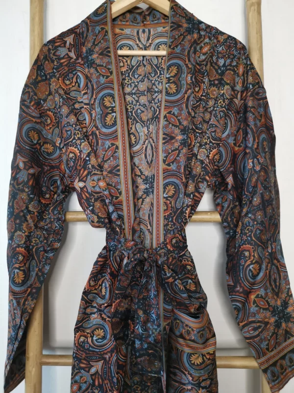 Men's Silk Boho Kimonos Man House Beach Artist Robe- Digital Midnight Wanderer