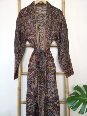 Men's Silk Boho Kimonos Man House Beach Artist Robe- Digital Midnight Wanderer - Image 4