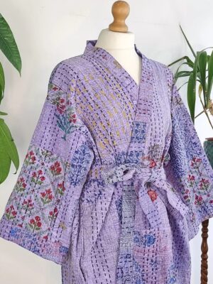 Kantha Cotton Reversible Kimono Jacket Unisex Robe Handmade Elegant Lavender Purple Stonewash Patchwork| Christmas Love Gift Warm Coat - Image 6