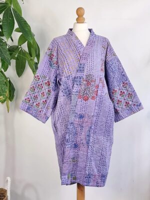 Kantha Cotton Reversible Kimono Jacket Unisex Robe Handmade Elegant Lavender Purple Stonewash Patchwork| Christmas Love Gift Warm Coat - Image 8