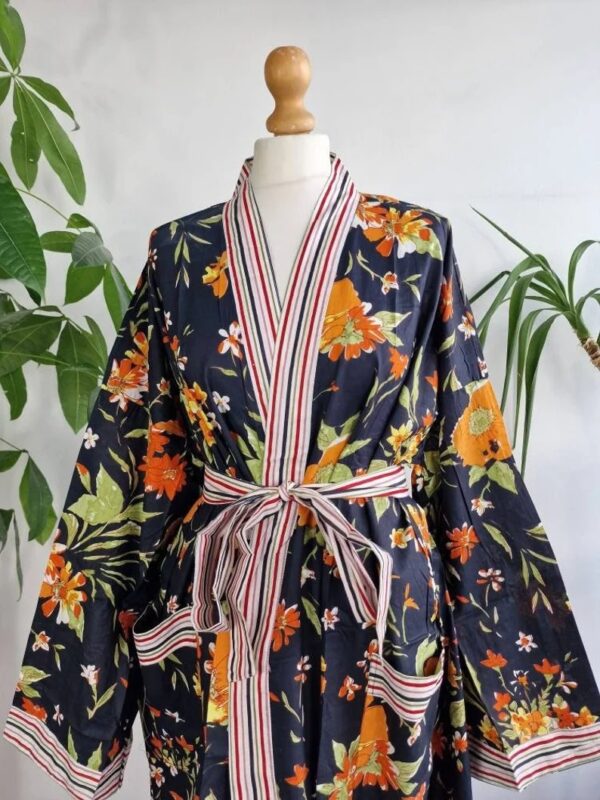 Plus Size Soft Cotton Dressing Boho Kimono Regal House Robe Gown | Christmas Gift Idea | Black Orange Autumn Gardenia Bloom | UK 18 - 24