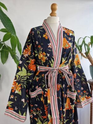 Plus Size Soft Cotton Dressing Boho Kimono Regal House Robe Gown | Christmas Gift Idea | Black Orange Autumn Gardenia Bloom | UK 18 - 24 - Image 2