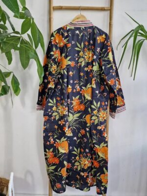 Plus Size Soft Cotton Dressing Boho Kimono Regal House Robe Gown | Christmas Gift Idea | Black Orange Autumn Gardenia Bloom | UK 18 - 24 - Image 3