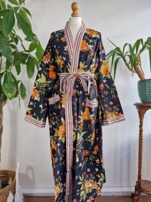 Plus Size Soft Cotton Dressing Boho Kimono Regal House Robe Gown | Christmas Gift Idea | Black Orange Autumn Gardenia Bloom | UK 18 - 24 - Image 4