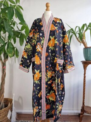 Plus Size Soft Cotton Dressing Boho Kimono Regal House Robe Gown | Christmas Gift Idea | Black Orange Autumn Gardenia Bloom | UK 18 - 24 - Image 5