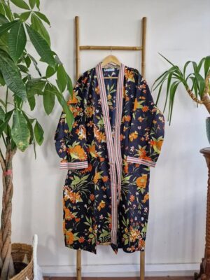 Plus Size Soft Cotton Dressing Boho Kimono Regal House Robe Gown | Christmas Gift Idea | Black Orange Autumn Gardenia Bloom | UK 18 - 24 - Image 6