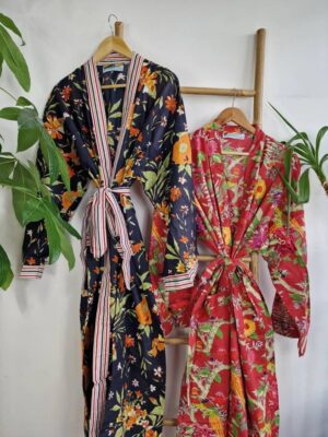 Plus Size Soft Cotton Dressing Boho Kimono Regal House Robe Gown | Christmas Gift Idea | Black Orange Autumn Gardenia Bloom | UK 18 - 24 - Image 7