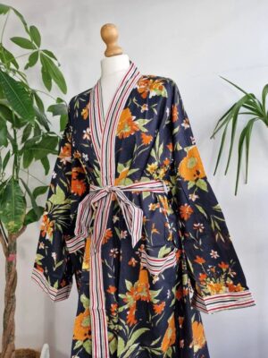 Plus Size Soft Cotton Dressing Boho Kimono Regal House Robe Gown | Christmas Gift Idea | Black Orange Autumn Gardenia Bloom | UK 18 - 24 - Image 8