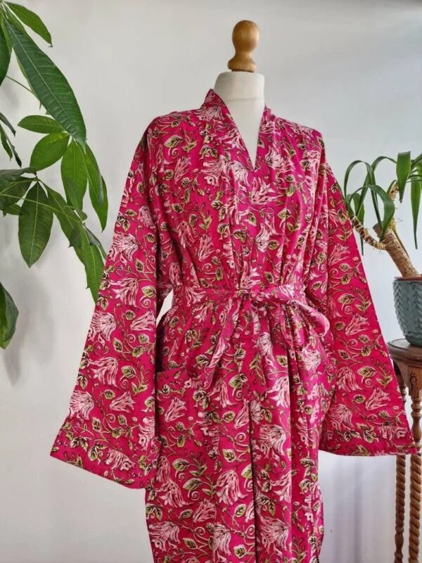 Plus Size Soft Cotton Dressing Boho Kimono Regal House Robe Gown | Christmas Gift Idea | Hot Pink Love Green Gardenia Bloom | UK 18 - 24