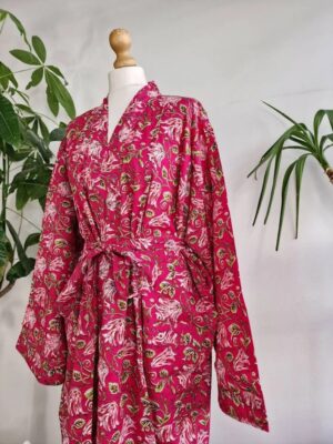 Plus Size Soft Cotton Dressing Boho Kimono Regal House Robe Gown | Christmas Gift Idea | Hot Pink Love Green Gardenia Bloom | UK 18 - 24 - Image 10
