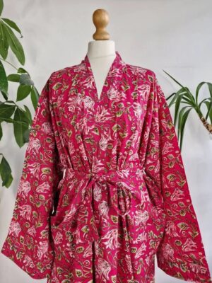 Plus Size Soft Cotton Dressing Boho Kimono Regal House Robe Gown | Christmas Gift Idea | Hot Pink Love Green Gardenia Bloom | UK 18 - 24 - Image 2