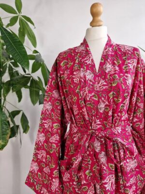Plus Size Soft Cotton Dressing Boho Kimono Regal House Robe Gown | Christmas Gift Idea | Hot Pink Love Green Gardenia Bloom | UK 18 - 24 - Image 3