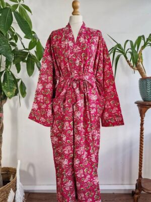 Plus Size Soft Cotton Dressing Boho Kimono Regal House Robe Gown | Christmas Gift Idea | Hot Pink Love Green Gardenia Bloom | UK 18 - 24 - Image 4